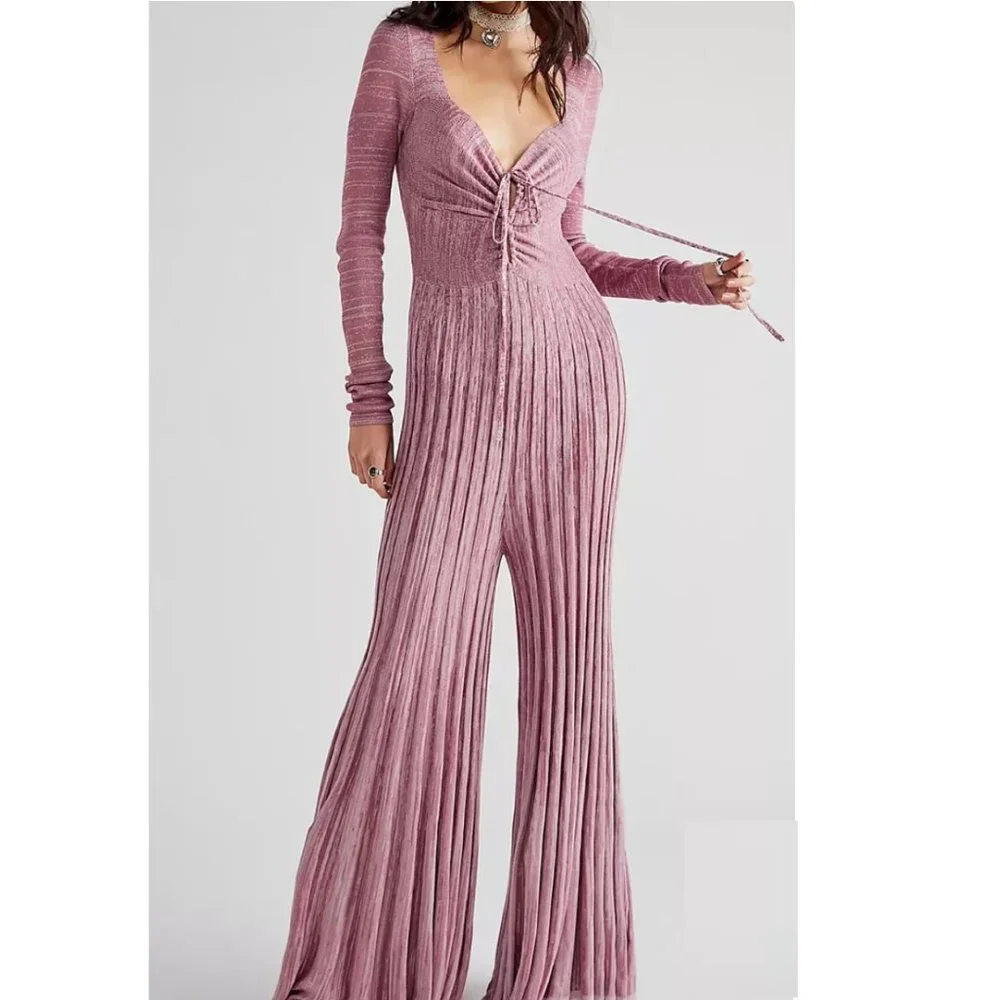 NEW Free People Lady Luck Jumpsuit One Piece Rose Pink Knit Ribbed Flare